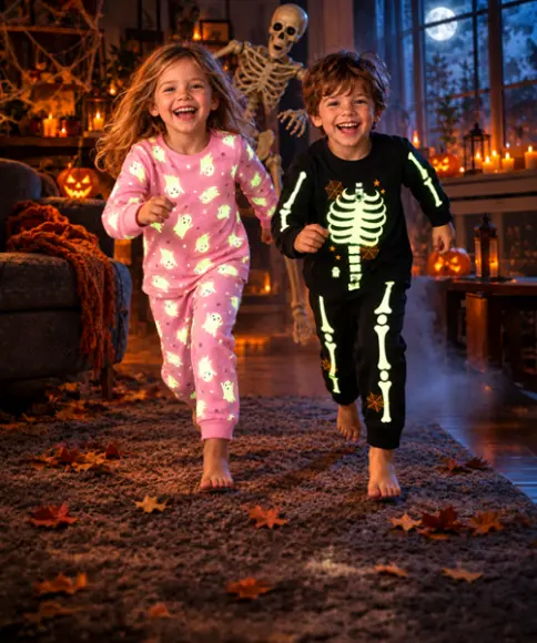 Niños con pijamas de Halloween con motivos de fantasmas y esqueletos